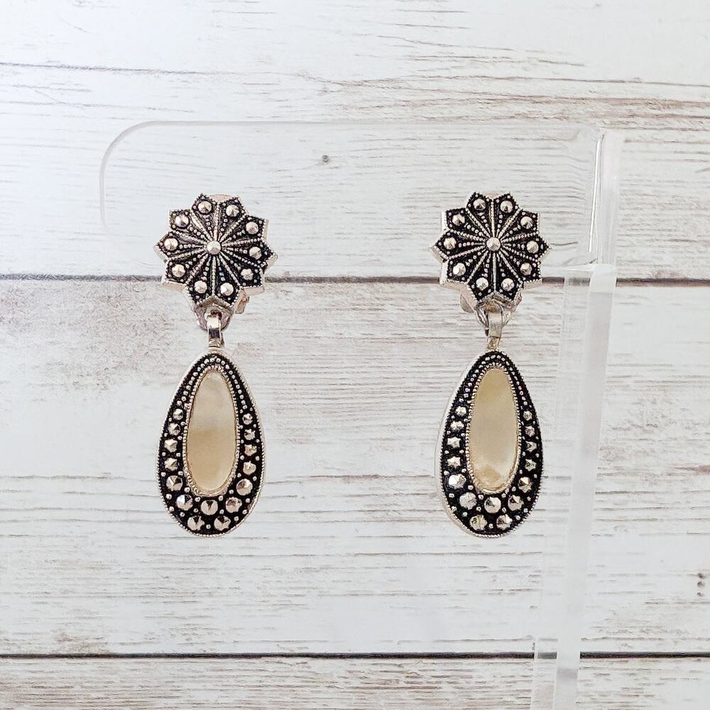 Vintage Clip On Earrings Gold Tone Dangle with Inlay